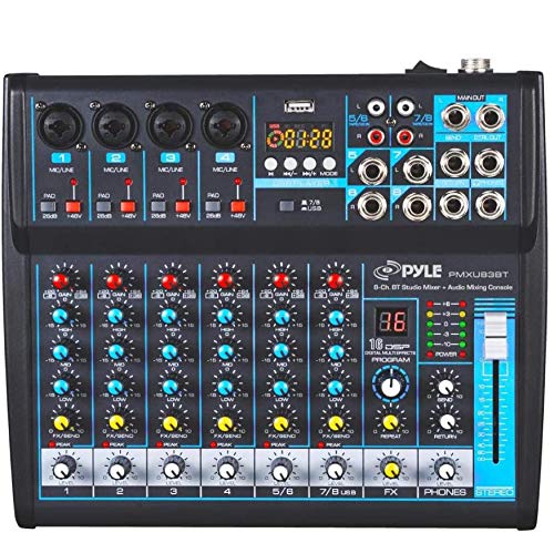 Professional Audio Mixer Sound Board Console Desk System Interface 8 Channel Digital USB Bluetooth MP3 Computer Input 48V Phantom Power Stereo DJ Studio FX 16Bit DSP Processor Pyle PMXU83BT, Black