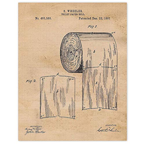 Vintage Toilet Paper Patent Poster Prints, Set of 1 (11x14) Unframed Photo, Wall Art Decor Gifts Under 15 for Home, Man Cave, Bathroom, Garage, Office, Studio, Bar, College Student, Teacher, Fan