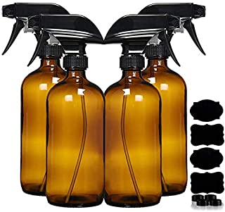 4 Pack 16 Ounce Empty Amber Glass Spray Bottles, Refillable Sprayer for Essential Oil, Cleaning, Water, Kitchen, Hair. Environment Friendly Mist Sprayer