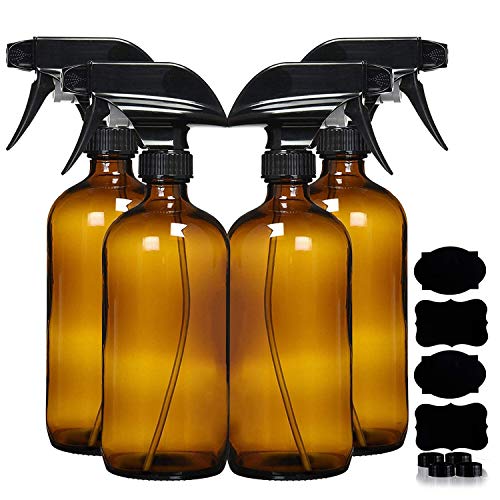 4 Pack 16 Ounce Empty Amber Glass Spray Bottles, Refillable Sprayer for Essential Oil, Cleaning, Water, Kitchen, Hair. Environment Friendly Mist Sprayer