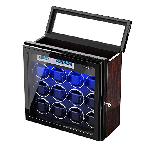 Watch Winder for 12 Automatic Watches, with 6 Storage Spaces, Adjustable Watch Pillows for Universal Watch, Wooden Shell, Built-in Blue LED Illumination, Ultra-Silence