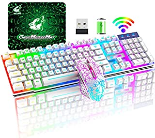 Wireless Gaming Keyboard and Mouse Combo with Rainbow LED Backlit Rechargeable 4000mAh Battery Mechanical Ergonomic Feel Waterproof Dustproof 7 Color Backlit Mute Mice for Computer Mac Gamer