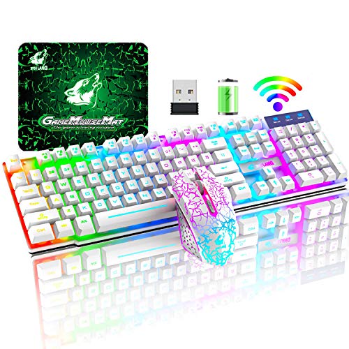 Wireless Gaming Keyboard and Mouse Combo with Rainbow LED Backlit Rechargeable 4000mAh Battery Mechanical Ergonomic Feel Waterproof Dustproof 7 Color Backlit Mute Mice for Computer Mac Gamer