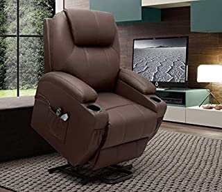 VICTONE Electric Power Lift Recliner Chair PU Leather Sofa Chair for Elderly with Massage and Heat, Side Pockets and Cup Holders (Brown)