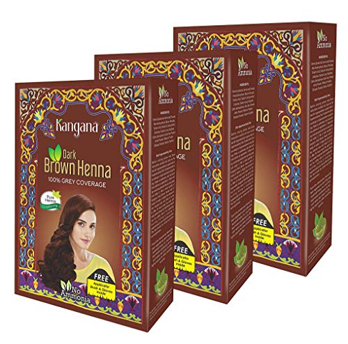 Kangana Henna Powder for Hair Dye / Colour - Dark Brown Henna Powder for 100% Grey Coverage- 6 pouches each - Total 180g (6.34 Oz)- Pack of 3