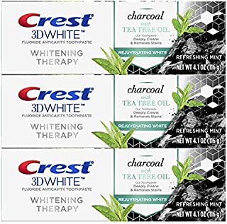 Crest Charcoal 3D White Toothpaste, Whitening Therapy, with Tea Tree Oil, Refreshing Mint flavor, 4.1 oz, Pack of 3