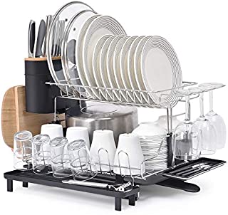 KINGRACK 2 Tier Dish Rack, 304 Stainless Steel Dish Drainer, Large Capacity Dish Drying Rack with Drip Tray, Removable Cutlery Cutting Board Wine Glasses Cups Holder & Plate Rack for Kitchen