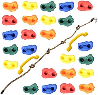 Milliard DIY Rock Climbing Holds Set with 8 Foot Knotted Rope (25 Pc. Kit) Kids Indoor and Outdoor Play Set Use, Includes Mounting Screws, Handles and Hooks.