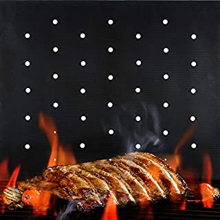 BBQ Grill Mat Non Stick - 2021 Upgraded Model With Holes - Set of 2 Heavy Duty Reusable and Dishwasher Safe Black Mesh Fireproof Topper Pads - Easy Clean and Easy Use on Gas Charcoal Electric Grills