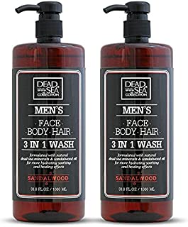 Dead Sea Collection Men's Mineral Face, Hair & Body Wash with Sandal-wood Extract known to sooth the skin, relieve it from irritation, keeping you feeling fresh and cool Pack of 2 (33.8 fl.oz each)