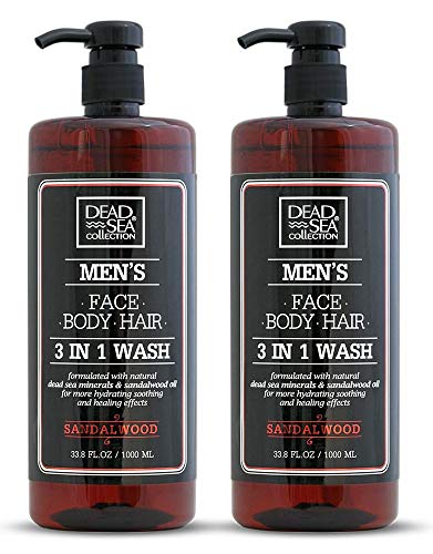 Dead Sea Collection Men's Mineral Face, Hair & Body Wash with Sandal-wood Extract known to sooth the skin, relieve it from irritation, keeping you feeling fresh and cool Pack of 2 (33.8 fl.oz each)