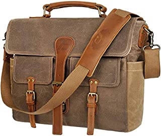 Manificent Laptop Messenger bag for Mens 15.6 Inch, Waterproof Vintage Genuine Leather Mens Briefcase shoulder bag 16 Storage Pockets, Waxed Canvas Leather Computer Business Satchel Work Bag (Brown K)