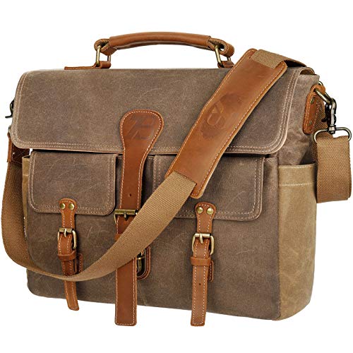 Manificent Laptop Messenger bag for Mens 15.6 Inch, Waterproof Vintage Genuine Leather Mens Briefcase shoulder bag 16 Storage Pockets, Waxed Canvas Leather Computer Business Satchel Work Bag (Brown K)