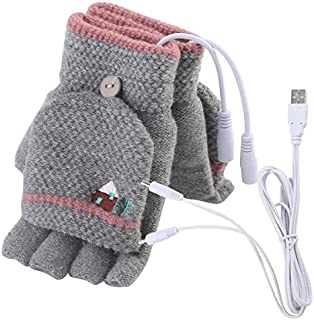 Women's & Men's USB Heated Gloves Mitten Winter Hands Warm Laptop Gloves,Winmany Full & Half Heated Fingerless Heating Knitting Hands Warmer (Women Grey)