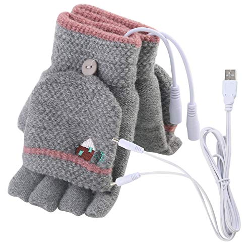 Women's & Men's USB Heated Gloves Mitten Winter Hands Warm Laptop Gloves,Winmany Full & Half Heated Fingerless Heating Knitting Hands Warmer (Women Grey)