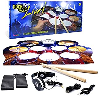 Rock And Roll It - Drum Live! Flexible, Completely Portable, battery OR USB powered drum that gives you the view of being on stage. Headphones + 2 Drum Sticks + Bass Drum & Hi hat pedals included!