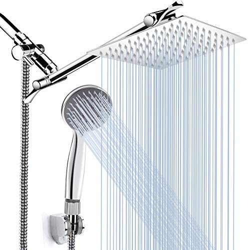 8'' High Pressure Rainfall Shower Head / Handheld Shower Combo with 11'' Extension Arm, Height/Angle Adjustable, Stainless Steel Bath Shower Head with Holder, 1.5M Hose, Chrome, 4 Hooks