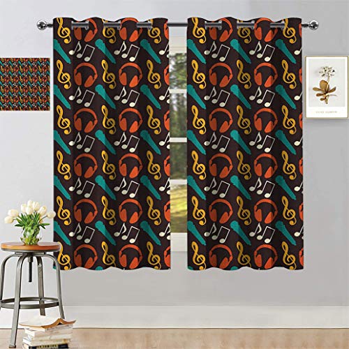 Fabuyale Music Decorative Curtains, Notes and DJ Headphones Pop Art Style Retro Sound Melody Rhythm Pitch Beats Graphic Printed Eyelet Drapes for Home Decor, Each Panel 31.5