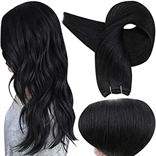 Full Shine Sew In Wefts Real Human Hair Weft Bundles 24 Inch Remy Hair Extensions Solid Color 1 Jet Black Straight Double Wefted Hair Bundles 100 Gram