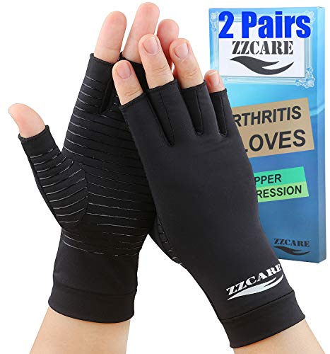 2 Pairs Copper Arthritis Gloves for Women/Men, Compression Gloves for Arthritis & Carpal Tunnel Pain Relief, Fingerless Gloves (Black, Medium)