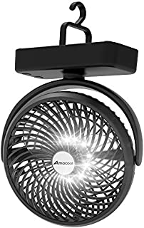 Amacool 10000mAh Battery Operated Camping Fan with LED Light-7 inch USB Fan with Hanging Hook for Tent Car RV Hurricane Emergency Outage