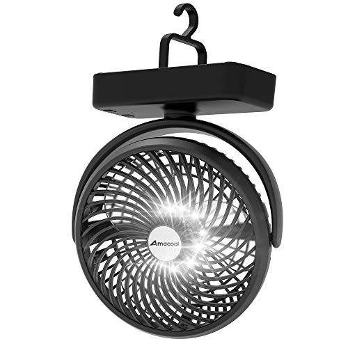 Amacool 10000mAh Battery Operated Camping Fan with LED Light-7 inch USB Fan with Hanging Hook for Tent Car RV Hurricane Emergency Outage