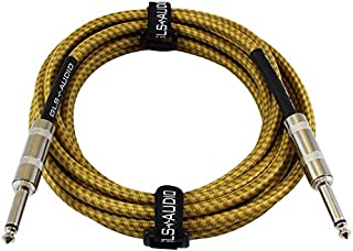 GLS Audio 15 Foot Guitar Instrument Cable - 1/4 Inch TS to 1/4 Inch TS 15-FT Brown Yellow Tweed Cloth Jacket - 15 Feet Pro Cord 15' Phono 6.3mm - Single