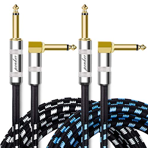 Penker 2 Pack Guitar Instrument Cable 10FT,Right Angle 1/4-Inch TS to Straight 1/4-Inch TS Gold Plated 6.35mm Guitar Cord,3 Meter for Guitar Bass Keyboard Effector Microphone Mixer