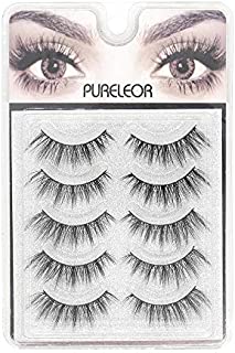 PURELEOR 3D Mink Eyelashes&Natural Dramatic Style Wispies Handmade Eyelash Soft Long Reusable Makeup Fake Eye lash 5Pack