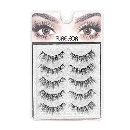 PURELEOR 3D Mink Eyelashes&Natural Dramatic Style Wispies Handmade Eyelash Soft Long Reusable Makeup Fake Eye lash 5Pack