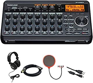 Tascam Compact Portastudio 8 Track Digital Recorder w/Built in Microphone DP-008EX + Closed-Back Headphones + XLR 10' M-F 16AWG Gold Plated Cable + Pop Filter Mic Wind Screen w/Mic Stand Clip