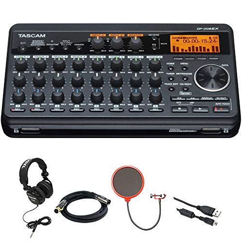 Tascam Compact Portastudio 8 Track Digital Recorder w/Built in Microphone DP-008EX + Closed-Back Headphones + XLR 10' M-F 16AWG Gold Plated Cable + Pop Filter Mic Wind Screen w/Mic Stand Clip