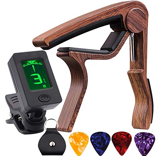 Guitar Tuner and Guitar Capo, Clip-On Tuner with Rosewood Color Capo for Acoustic Electric Guitar Bass Ukulele