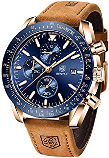 BENYAR Mens Watches Quartz Chronograph Business Luxury Brand Waterproof Wristwatches Fashion Brown Leather Watches for Men (Brown Blue)