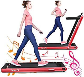 GYMAX Under Desk Treadmill, Foldable Multifunctional Running Treadmill/Flat Walking Machine, Portable Electric Motorized Running Machine with Bluetooth Speakers, Remote Controller for Home/Gym (Red)