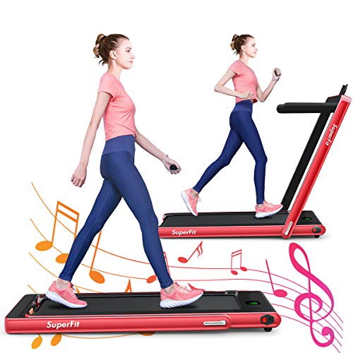 GYMAX Under Desk Treadmill, Foldable Multifunctional Running Treadmill/Flat Walking Machine, Portable Electric Motorized Running Machine with Bluetooth Speakers, Remote Controller for Home/Gym (Red)