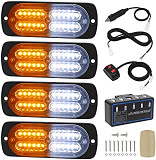 Linkitom 4pcs Ultra Slim Sync Feature 24-LED Car Truck Surface Mount Emergency Hazard Warning Strobe light (Amber&White)