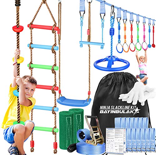 Ninja Warrior Obstacle Course for Kids - 50ft Slackline with 10 Accessories, Climbing Rope Ladder, Swing Set, Ninja Wheel, Monkey Bar Fists, Gym Rings - Become a Ninja Warrior (12 Attachments)