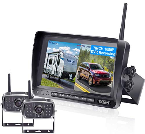 DoHonest V23 HD 1080P Digital Wireless Dual Backup Camera 7'' DVR Split Screen Monitor Kit High-Speed Rear Observation System for Trailer,RV,Truck IR Night Vision IP69K Waterproof