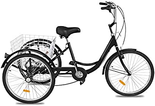 Happybuy Adult Tricycle 20inch, Three Wheel Bikes 1 Speed, Black Tricycle with Bell Brake System, Bicycles with Cargo Basket for Shopping.