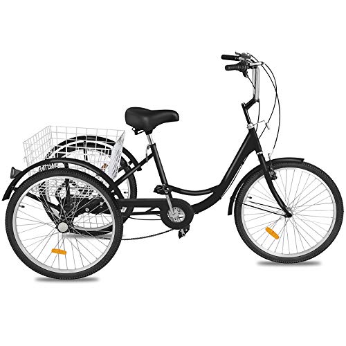 Happybuy Adult Tricycle 20inch, Three Wheel Bikes 1 Speed, Black Tricycle with Bell Brake System, Bicycles with Cargo Basket for Shopping.