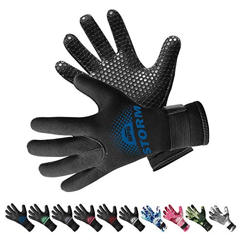 BPS 3mm Neoprene Dive Gloves with Anti Slip Palm - Five Finger Gloves for Sailing, Spearfishing, Paddleboarding, and Other Water Activities - for Men and Women (Black/Snorkel Blue, Medium)