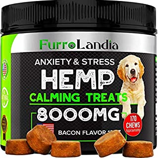 FurroLandia Hemp Calming Treats for Dogs - 170 Soft Chews - Made in Usa - Hemp Oil for Dogs - Dog Anxiety Relief - Natural Calming Aid - Stress - Fireworks | Aggressive Behavior (Bacon Flavor)