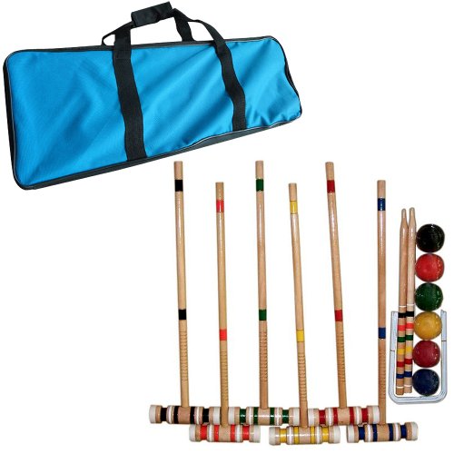 Croquet Set- Wooden Outdoor Deluxe Sports Set with Carrying Case- Fun Vintage Backyard Lawn Recreation Game, Kids or Adults by Hey! Play! (6 Players)