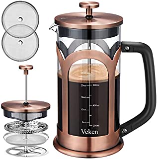 Veken French Press Coffee & Tea Maker, 304 Stainless Steel Heat Resistant Borosilicate Glass Coffee Press with 4 Filter Screens, Durable Easy Clean 100% BPA Free, 34oz, Copper