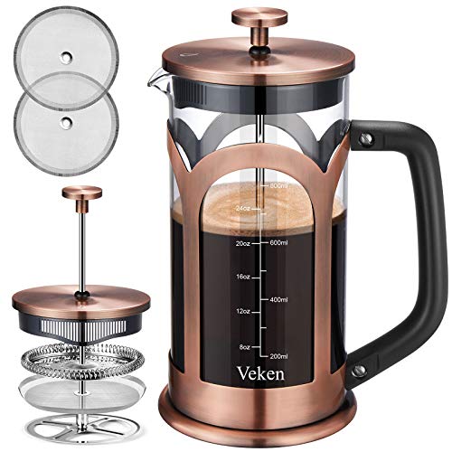 Veken French Press Coffee & Tea Maker, 304 Stainless Steel Heat Resistant Borosilicate Glass Coffee Press with 4 Filter Screens, Durable Easy Clean 100% BPA Free, 34oz, Copper