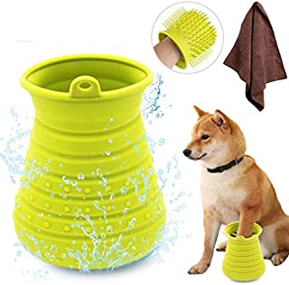 Idepet Dog Paw Cleaner Cup with Towel Pet Foot Washer Protable Dog Cleaning Brush for Puppy Cats Massage Grooming Dirty Claw (Green)