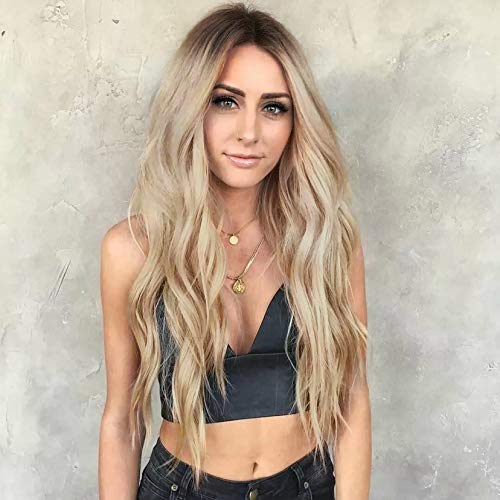 AISI HAIR Long Blonde Curly Wavy Wigs Middle Part Ombre Blonde Natural Looking Long Thick Wavy Wig For Women Long Heat Resistant Fiber Synthetic Wig For Daily Use