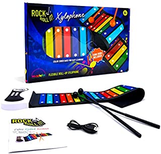 Rock and Roll It  Rainbow Xylophone. Portable & Flexible Standard Size Electronic Pad with 22 Color Coded Bars & Song Booklet. USB or Battery Powered, Built-In Speaker & Audio Output Support.