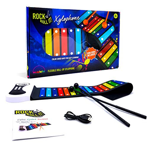 Rock and Roll It  Rainbow Xylophone. Portable & Flexible Standard Size Electronic Pad with 22 Color Coded Bars & Song Booklet. USB or Battery Powered, Built-In Speaker & Audio Output Support.